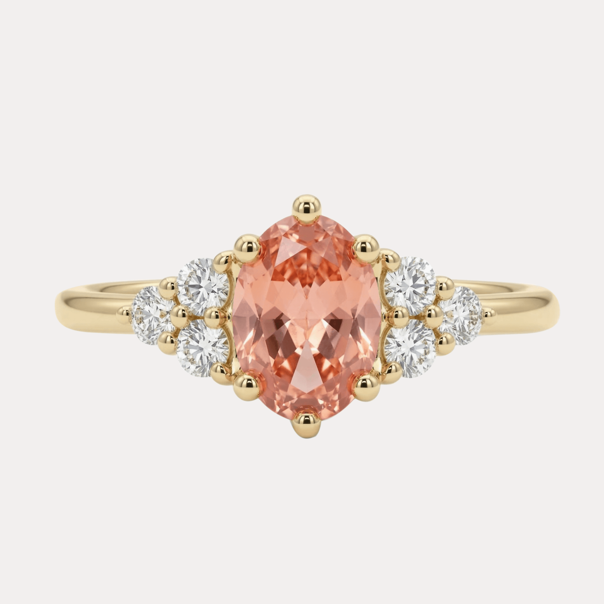 FANCY VIVID PINK złoty pierścionek z owalnym różowym diamentem i bocznymi brylantami, laboratoryjne