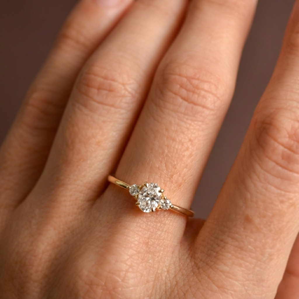 FLORA złoty pierścionek z trzema diamentami laboratoryjnymi, owal