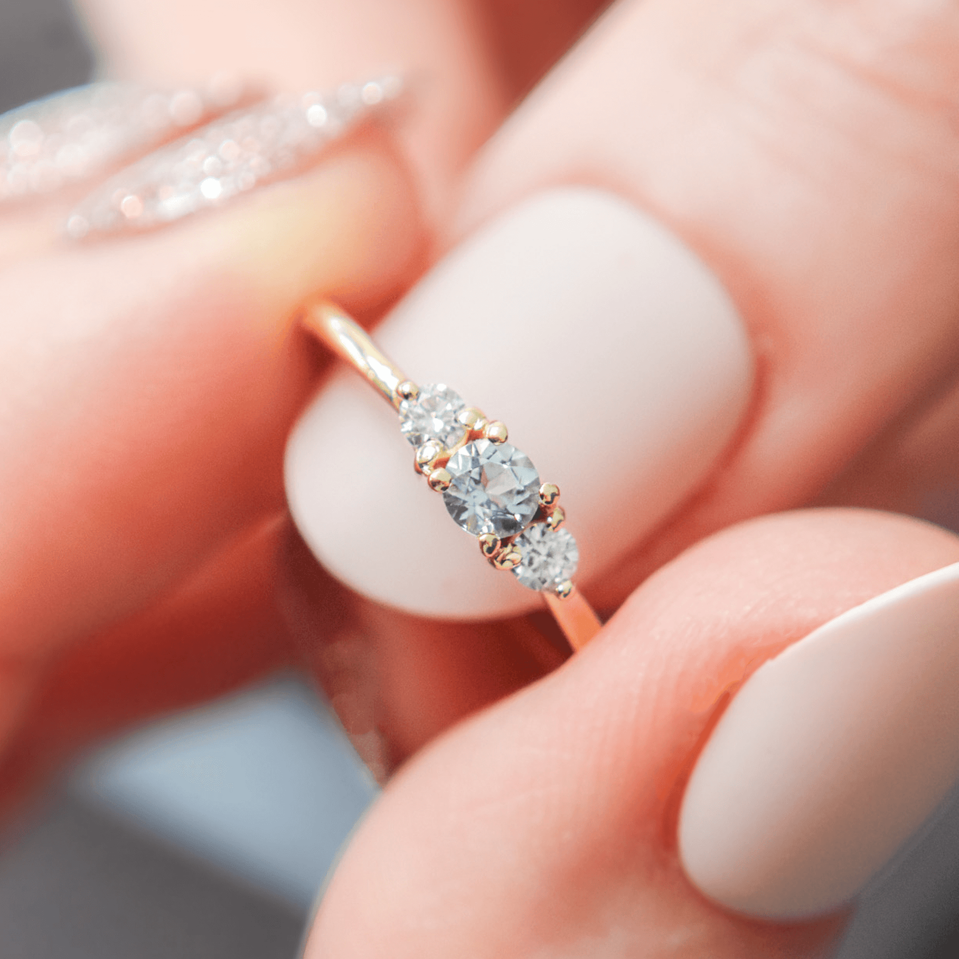 LUNA gold trilogy ring with blue aquamarine and diamonds