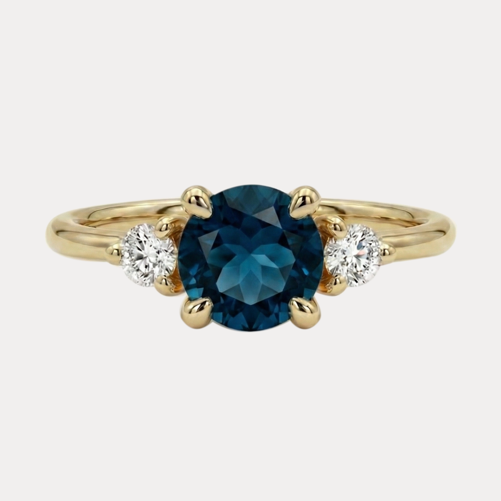 MENUET złoty pierścionek z niebieskim londyńskim topazem i brylantami laboratoryjnymi
