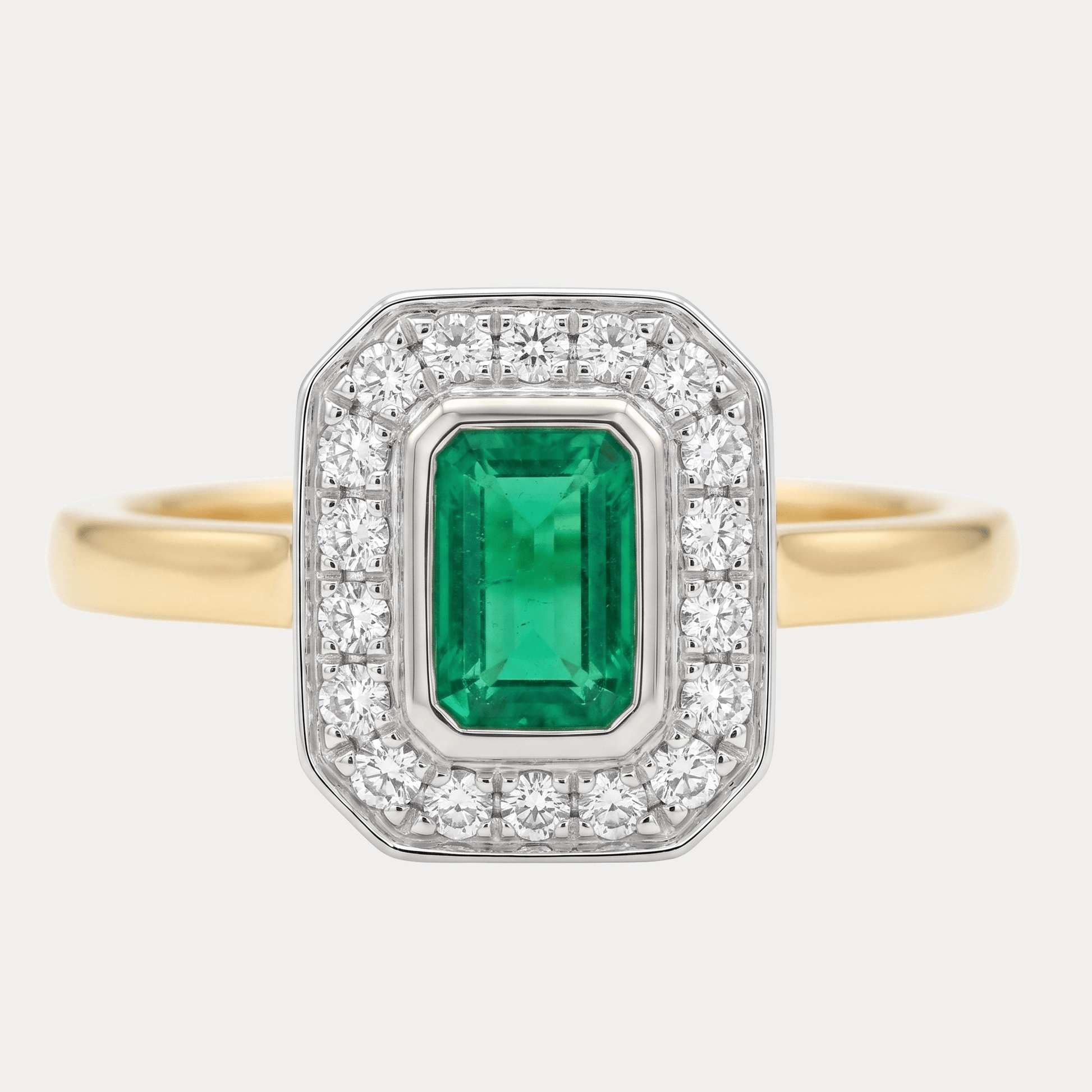 Two-Tone Gold Ring with Rectangular Emerald and Diamond Halo
