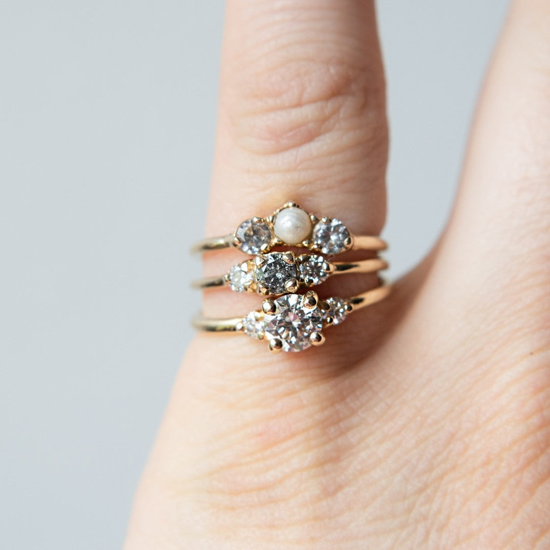 LUNA gold trilogy ring with gray diamond salt and pepper and diamonds
